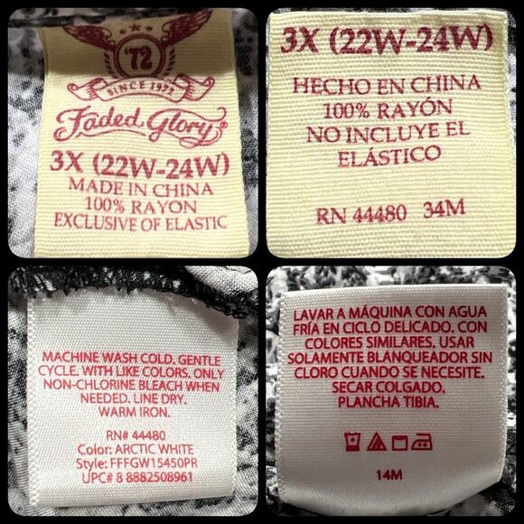 Faded Glory Abstract Print Blouse Top Raglan Style 3/4 Sleeves Black White 3X - Picture 6 of 11